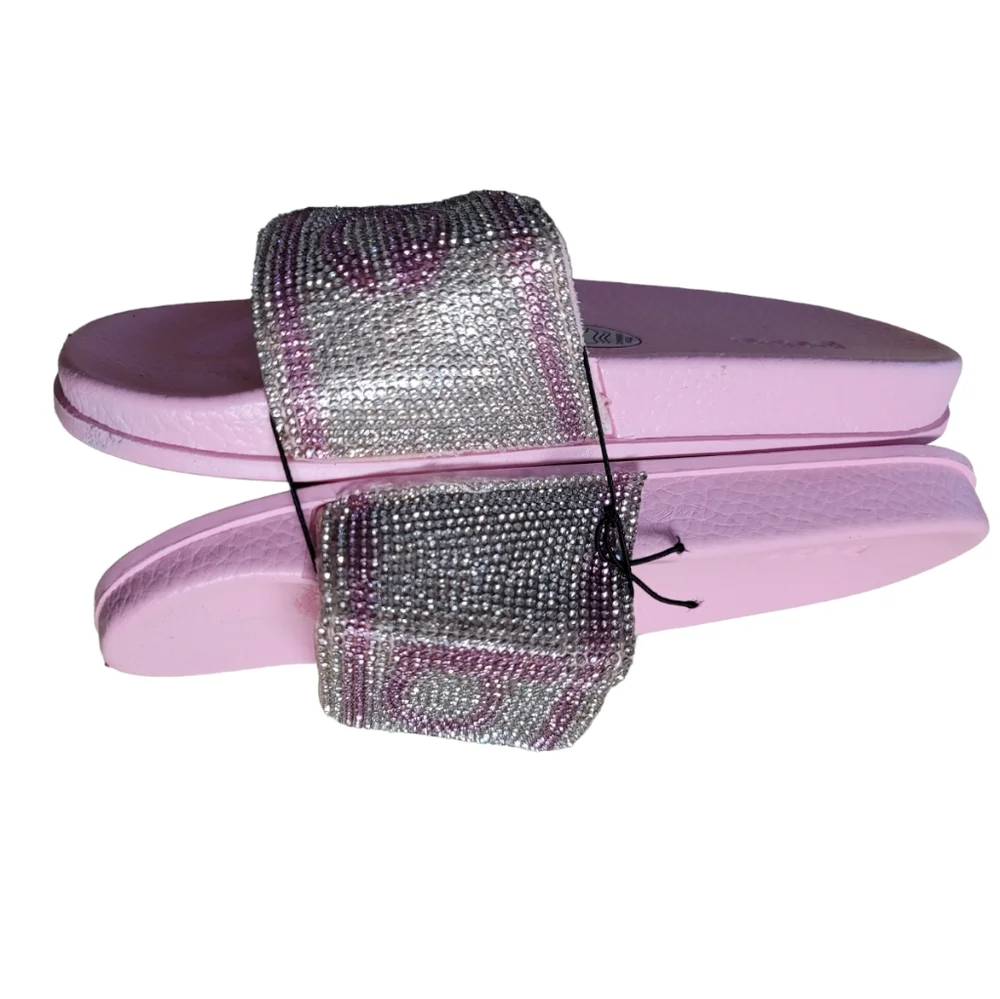 Bebe Girls Light Pink/Silver Rhinestone Logo Slides, Size XL (4/5)